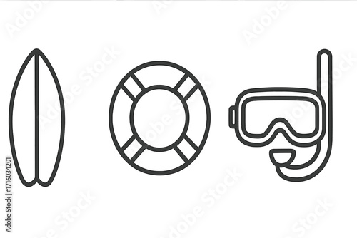 Water sports and summer vacation line icon set. Surfboard, lifebuoy, and diving mask with snorkel. Minimalistic linear pictograms for web, graphic design, and apps. Vector.