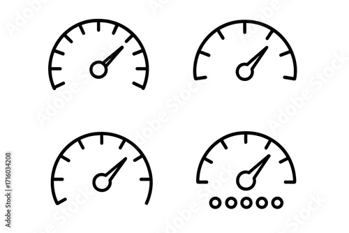 Speedometer icon set vector illustration. Outline style gauge, tachometer for dashboard design. Concept of speed, performance, measurement and level control. Line art icons.