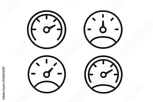 Speedometer gauge icon set. Modern outline style for performance metrics, dashboard UI, and app design. Vector illustration of tachometer for speed, test, and level indication.