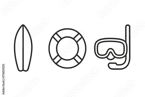Water sports line icon set. Surfboard for surfing, lifebuoy for safety and rescue, diving mask for snorkeling. Summer vacation, beach holiday and travel concept icons.
