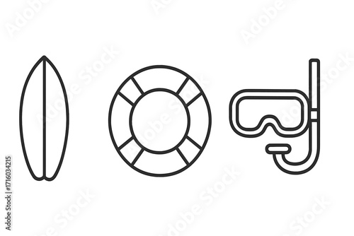 Water sports line icon set with surfboard, lifebuoy, and diving mask. Summer vacation, beach, and ocean safety concept. Minimal linear pictogram collection for swimming.