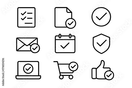 Approve and check mark outline icon set. Vector collection of confirmation, verification, and success symbols. Includes checklist, document, security, e-commerce, and like icons.