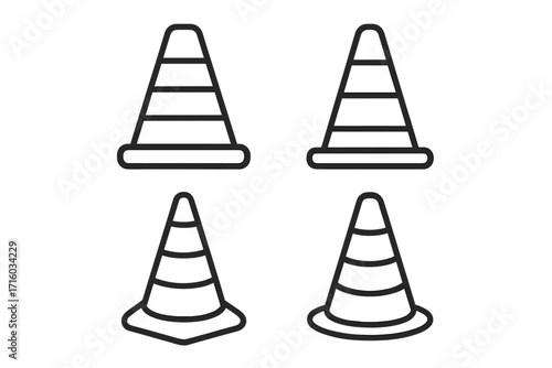 Traffic cone line icon collection. Road safety and under construction warning symbols. Vector pylon sign set for street work, caution, and barrier concepts. Outline design.