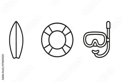 Water sports and summer vacation line icon set. Surfboard, lifebuoy and diving mask symbols. Surfing, rescue and snorkeling concepts. Minimal linear pictogram collection.