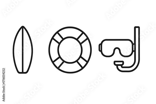 Summer beach vacation icon set. Surfboard, lifebuoy, diving mask. Water sports linear pictogram. Surfing, swimming safety, snorkel. Minimal outline vector graphic.
