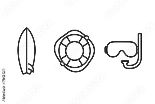 Water sports line icon set with surfboard, lifebuoy, and diving mask. Summer beach vacation concept. Minimal linear pictogram for travel, surfing, snorkeling, and safety.