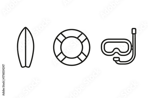 Summer vacation and water sports line icon set. Surfboard, lifebuoy, and diving mask pictogram. Minimal outline vector illustration for surfing, safety, and snorkeling.
