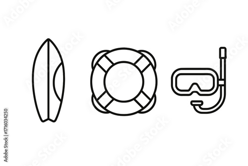 Summer vacation water sports line icon set. Surfboard, lifebuoy and diving mask with snorkel. Minimal linear pictogram for travel, web and graphic design. Vector illustration.