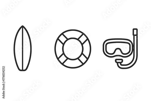 Water sports and summer beach vacation line icon set. Surfboard, lifebuoy, and diving mask outline symbols. Ocean safety, surfing, and snorkeling minimalist vector pictograms.