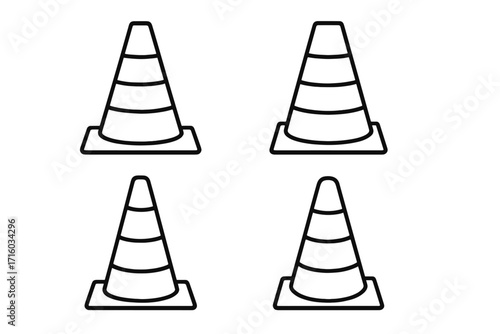 Traffic cone outline icon set. Vector collection of road safety and construction symbols. Simple line art illustration of street warning pylon signs. Under construction concept.
