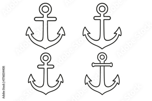 Anchor outline icon set. Nautical marine symbol collection. Line art anchors for logo, tattoo or boat design. Maritime sea & ocean stability concept. Sailor navy vector graphic.