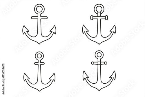 Anchor outline icon set. Simple nautical anchor vector line art collection. Marine, navy, and sea symbols for boat and ship logo. Editable stroke for sail and maritime design.