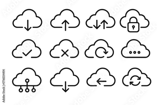 Cloud computing line icon set. Data storage, upload, download, sync, and security symbols. Network service, web hosting, and database vector pictograms for UI. Editable stroke.