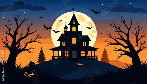 Spooky Halloween Night Scene Haunted House with Bats, Full Moon, and Creepy Atmosphere