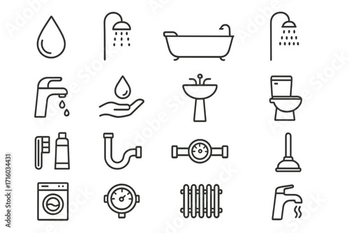 Plumbing service bathroom line icons set. Water pipe, toilet, shower, sink, faucet, and bathtub pictogram collection. Plumber repair and sanitary engineering vector symbols.