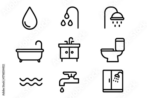 Minimalist bathroom and water line icon collection. Includes shower, bath, toilet, sink, tap, drop and wave symbols. Editable stroke vector set for web and graphic design.