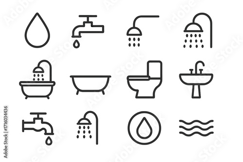 Bathroom and water line icon set. Vector symbols for hygiene, plumbing, and sanitation. Includes toilet, sink, bath, shower, and faucet icons. Editable stroke pictogram.