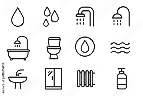 Water and bathroom line icon set. Vector symbols for plumbing, hygiene, shower, toilet, sink, and bathtub. Editable stroke pictograms for web, apps, and print design.
