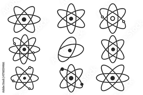 Atom icon set. Simple linear collection of physics and chemistry symbols. Science vector illustration with nucleus, electron orbits. Editable stroke design for web and apps.