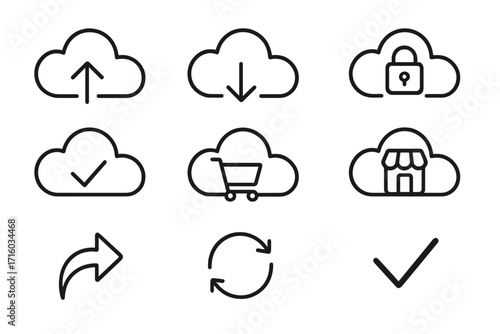 Cloud computing icon set. Data storage, upload, download, online shopping, and security symbols. Simple line art collection for UI design with editable stroke vector.