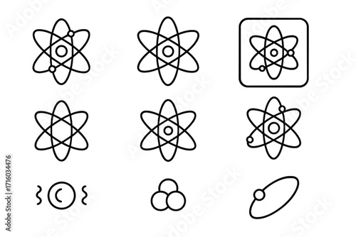 Atom icon set. Science, physics, and chemistry concepts. Collection of thin line symbols for nuclear energy, particle research, and molecular structure. Editable stroke vector.