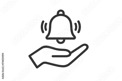 Hand holding ringing bell icon. Notification, reminder, and alert symbol for web and mobile apps. Subscribe for new updates, messages or urgent alarm signals. Service call line art vector.