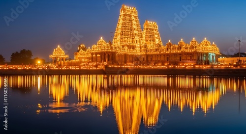 The majestic Sri Ranganathaswamy Temple in Srirangam, Tamil Nadu, illuminated at dusk, with its grand towers reflected in the tranquil waters of the temple tank.