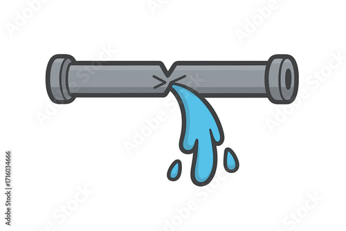 Broken pipe with water leak cartoon vector icon. Plumbing problem, burst pipe, or water damage symbol. Emergency repair concept for pipeline, dripping and leakage illustration.