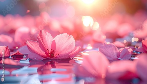 Cinematic Pink Flower Flatlay with Ultra Sharp Texture in Glowing Daylight Reflecting on Water with Beautiful Bokeh