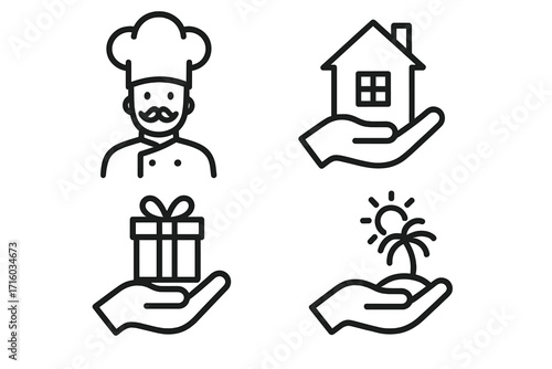Service and offering icon set. Chef, house, gift, vacation line icons. Concepts for cooking, real estate, home insurance, bonus, travel package. Vector bundle for web design.