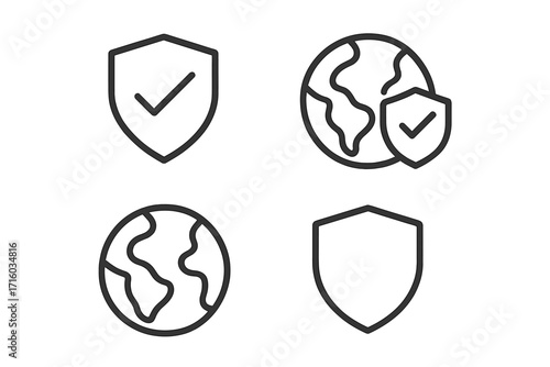 Global security and protection icon set. Planet Earth with shield and checkmark. Verified and approved concept. Web safety, data privacy, network secure symbol. Vector line icons