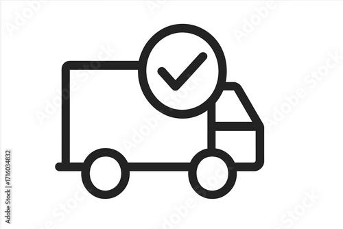 Delivery truck with check mark icon. Shipping confirmation, successful transport symbol. Logistics, order complete. Vector line art for web, app, business. Verified freight.
