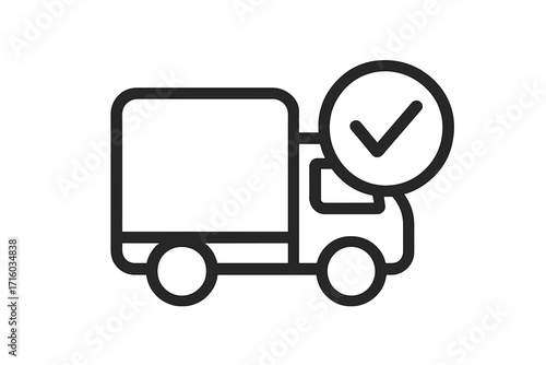 Confirmed delivery truck icon. Successful shipping and logistics concept. Order tracking complete checkmark. Fast transport service for online shopping. Outline vector graphic.