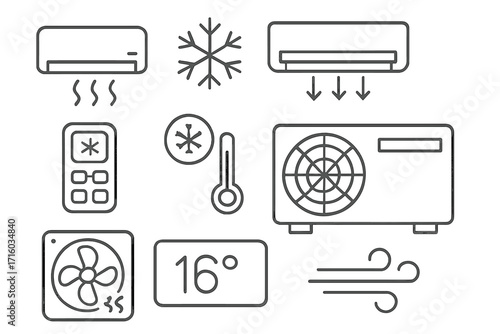 Cooling and air conditioner line icons. Climate control vector symbol collection. HVAC service outline signs. Airflow, temperature, fan, remote, cold snowflake pictogram set.