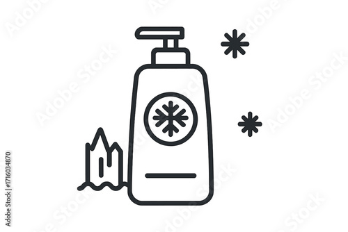 Cooling menthol cosmetic line icon. Pump bottle dispenser with snowflake symbol. Winter skincare concept with ice and snow. Vector illustration for soap, lotion, or shampoo.