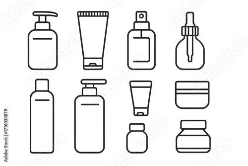 Cosmetic containers icon set. Line art collection of beauty product packaging. Skincare bottle, cream tube, spray, pump dispenser, and serum dropper vector symbols.