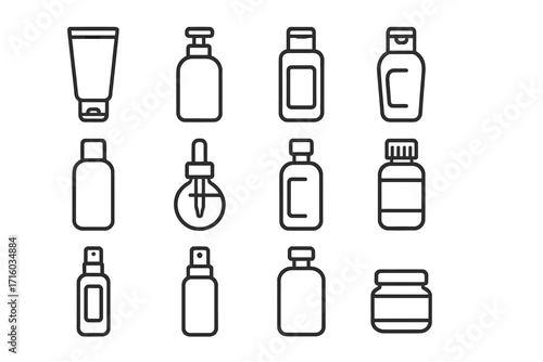 Cosmetic bottle line icon set. Skincare packaging vector illustrations. Beauty product container symbols for web, UI, apps. Editable stroke. Cream, serum, shampoo.