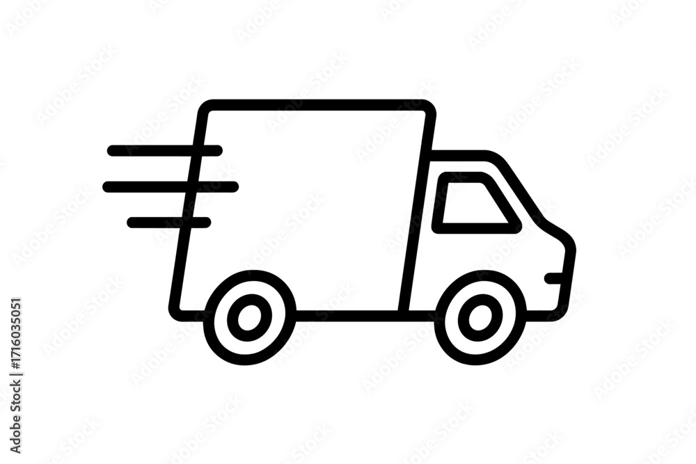 Fototapeta premium Fast delivery truck icon vector line art. Express shipping service & logistics concept. Quick transport van symbol for e-commerce, web, apps. Freight & cargo automobile.