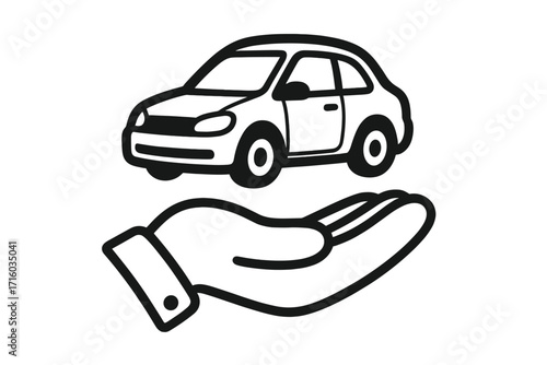 Car insurance and protection concept. Hand holding auto. Vehicle safety, sale, sharing, and rental service metaphor. Automobile care and security icon. Vector symbol.