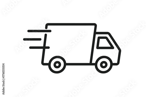 Fast delivery truck icon. Express shipping and logistics symbol for web and graphic design. Quick transport service van line art vector. Fast moving courier vehicle for package delivery.