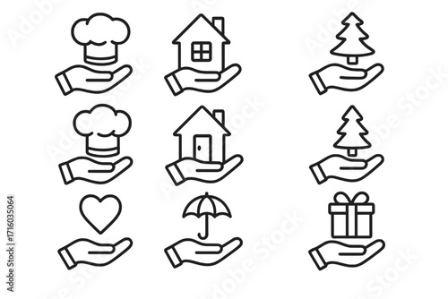 Giving hand line icon set. Charity, donation, and support symbols. Outline icons for care, love, home insurance, real estate, food service, and Christmas gift.