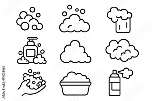 Foam and bubbles line icon set. Soap suds, lather, and washing symbols. Vector outline icons for hygiene, cleaning, and beer foam. Includes soap dispenser, spray can, and hand washing.