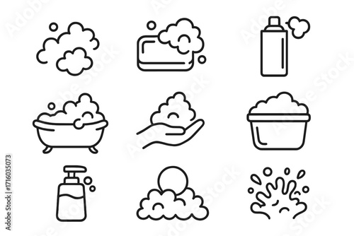 Foam soap line icon set. Bubble lather suds outline vector symbols. Clean hygiene wash concept. Signs for bath, shampoo, skincare, shaving. Web graphic design elements.