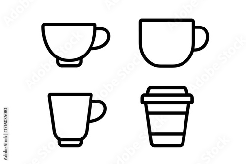 Coffee cup and tea mug line icon set. Simple vector graphic for cafe menu, hot drink, beverage, and morning concepts. Minimalist outline style for coffee break symbol.
