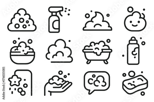 Foam and bubbles icon set. Modern outline style icons for cleaning and washing. Vector illustration of soap, spray, bathtub, shower, and personal hygiene products.