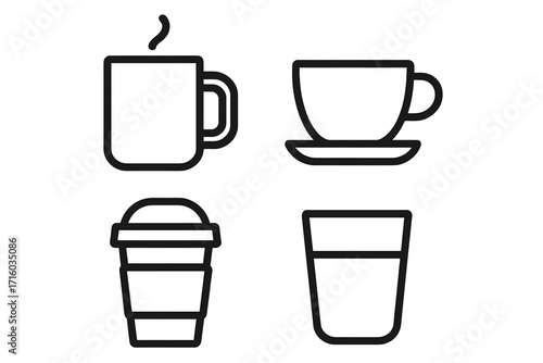 Coffee and tea line icon set. Vector illustration for cafe menu. Beverage outline symbols collection. Includes mug, espresso cup, takeaway paper cup, and water glass icon.