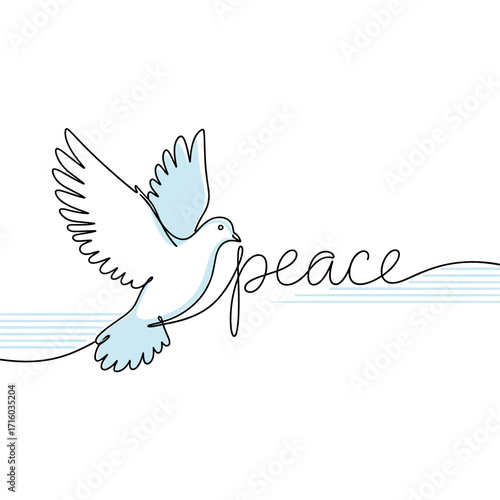 Illustration of a dove in flight with the word peace elegantly integrated in a soothing design