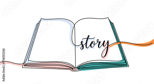 Illustration of an open book with the word story beautifully integrated in a flowing design