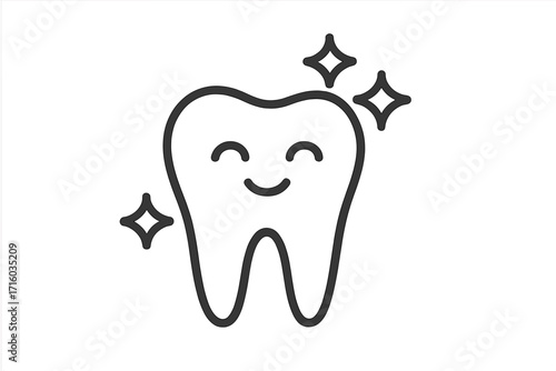 Happy healthy clean tooth line icon. Dental care and oral hygiene concept. Dentistry clinic logo, stomatology symbol. Strong white tooth with smile and sparkle for orthodontics.