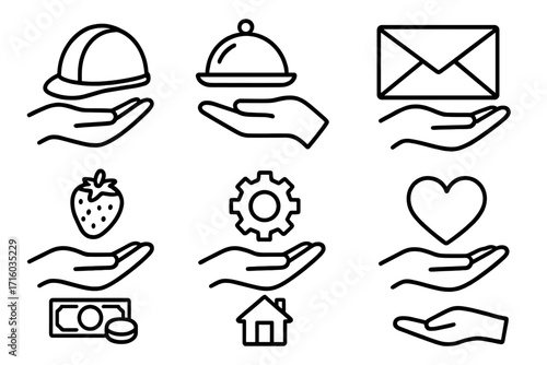 Hand offering services line icon set. Concepts of food delivery, work safety, mail, love, charity, home insurance. Outline pictogram for web, apps, graphic design.